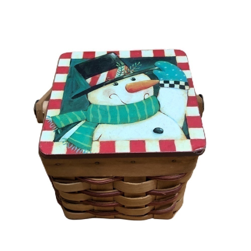 Vintage Miniature Woven Basket Christmas Holiday Snowman Brown Red